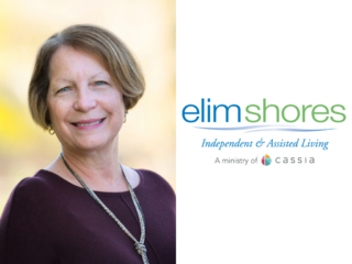 Anita Yoder headshot and Elim Shores logo